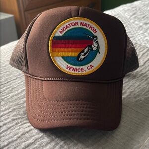 Aviator Nation Brown Mesh Trucker Hat with Retro Stripe Patch